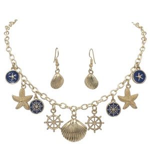 Fashion Jewelry Gold and Navy Nautical Charm Necklace with Shell Drop Earrings